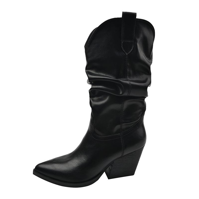 

Осень новые западные сапоги острые полусапоги большой размер толстый каблук плиссированные рыцарские сапоги женские 42 чёрный