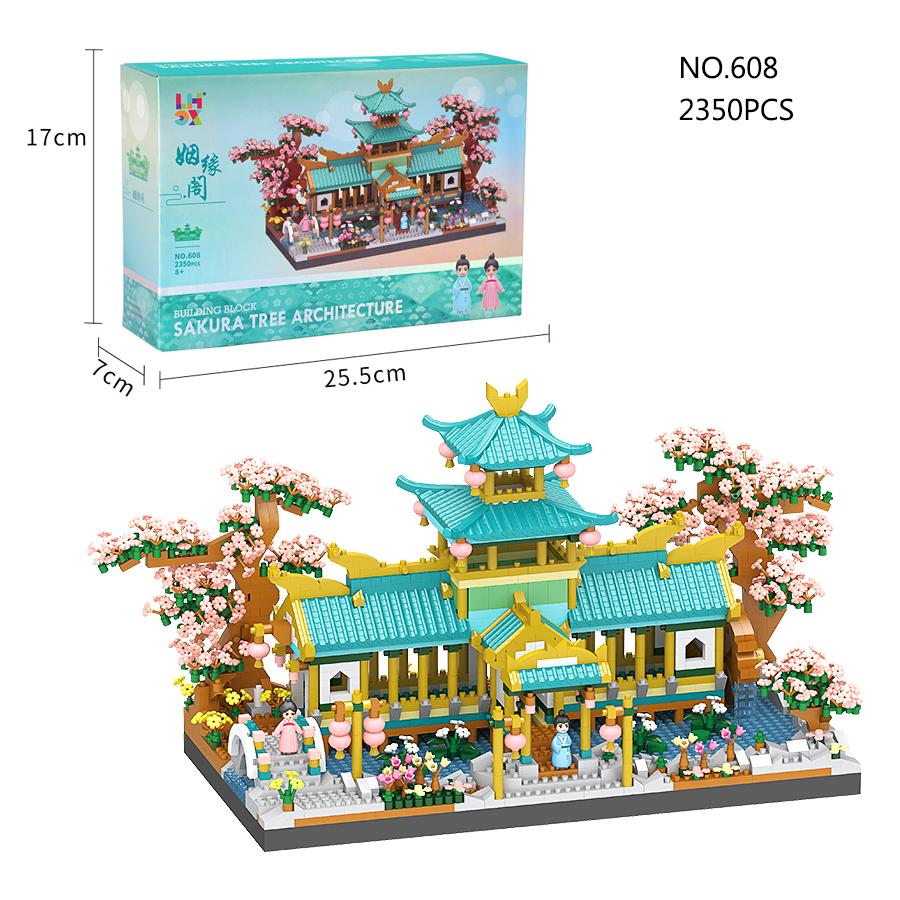 Kirschblütenhaus Bausteine Kirschblüten Straßenansicht Mini-Bausteine Mikro-Bausteine Kinderspielzeug 3D-Modelle Kreative Ornamente