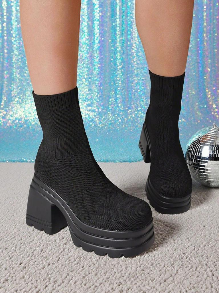Women'S Casual Slip-On Knitted Ankle Boots High Heel Thick Bottom Fashion Platform Short Sock  Boots Dress Breathable Shoes