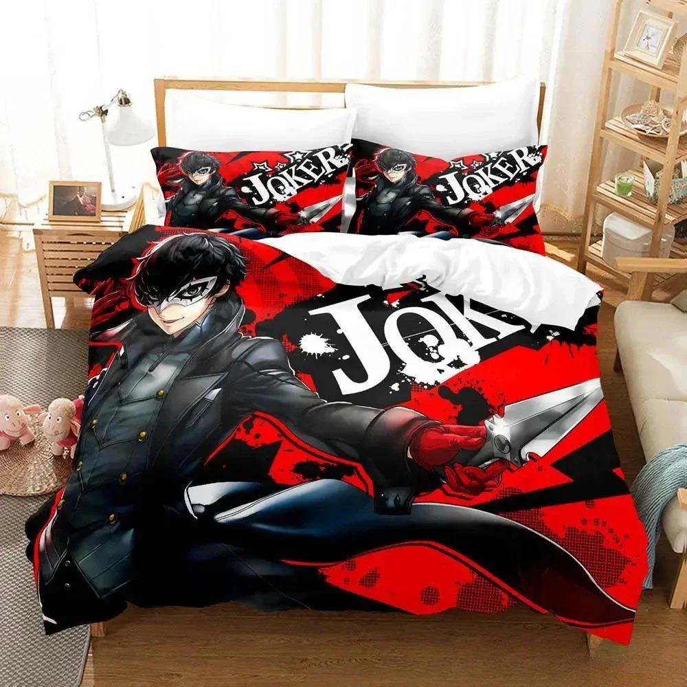 3D-Druck Persona 5 Bettwäsche-Set Cartoon Anime Bettbezug Dreiteiliges Set für Erwachsenen Kinder Schlafzimmer Heimtextilien Geburtstagsgeschenk