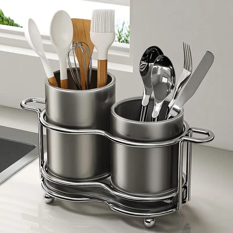 

[1pc Metal Cutlery Holder] 1pc Silverware Cutlery Holder with Metal Frame | Utensil Holder with 2 Compartments | for Kitchen