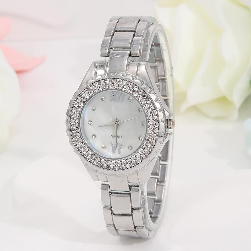 5PCS Personalized Luxury Silver Pointer Quartz Watch Women's Square Pendant Necklace with Diamond Earrings Ring Set for Girls