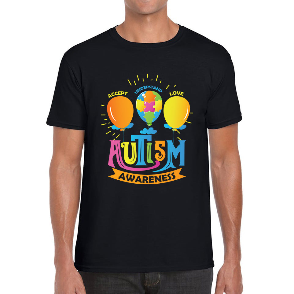Accept Understand Love Autism Awareness Balloon With Puzzles Jigsaw Autism Support Mens Tee Top 4XL