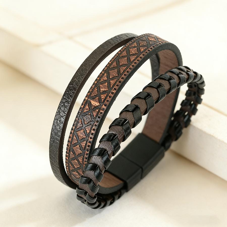 

Noter Fashion Leather Bracelet Men 2 Colors Three Layer Stacked Braslet Detachable Buckle Bangle Leisure Versatile Accessories коричневый