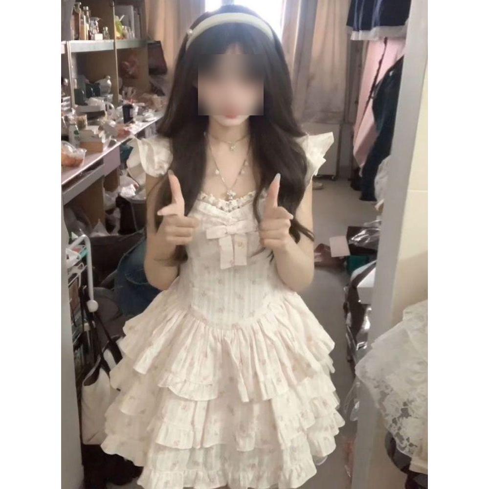 Lace patchwork small flying sleeve floral dress for women summer casual waist slimming fugitive princess A-line short