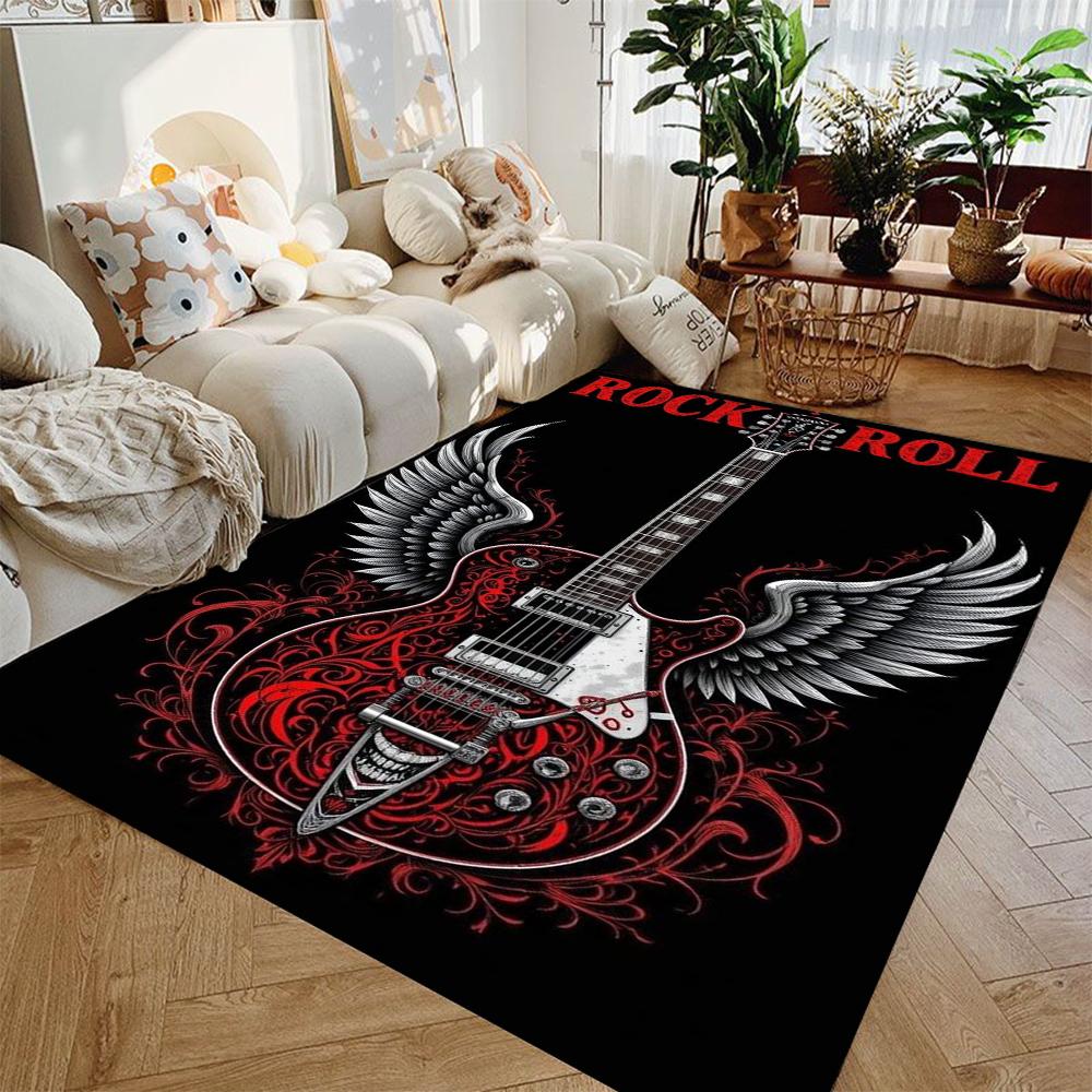 Guitar-Themed Carpet for Living Room Bedrooms Large Flannel Area Rug for Drum Kit Room Anti-slip Floor Mat Washable