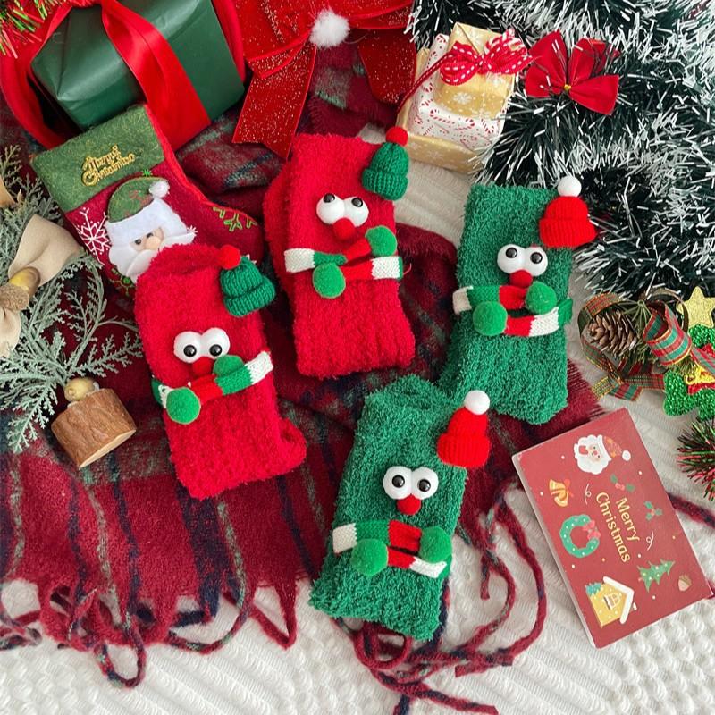 Cute Cartoon Christmas Gift Coral Fleece Mid Tube Socks Christmas Socks Children Funny Big Eyes Holding Hands Socks