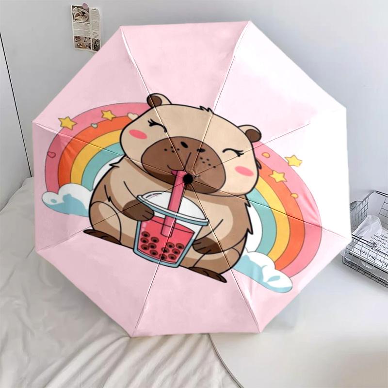 Rainbow Bear Sips Pink Drink Folding umbrella Portable travel Umbrella travel Three folds