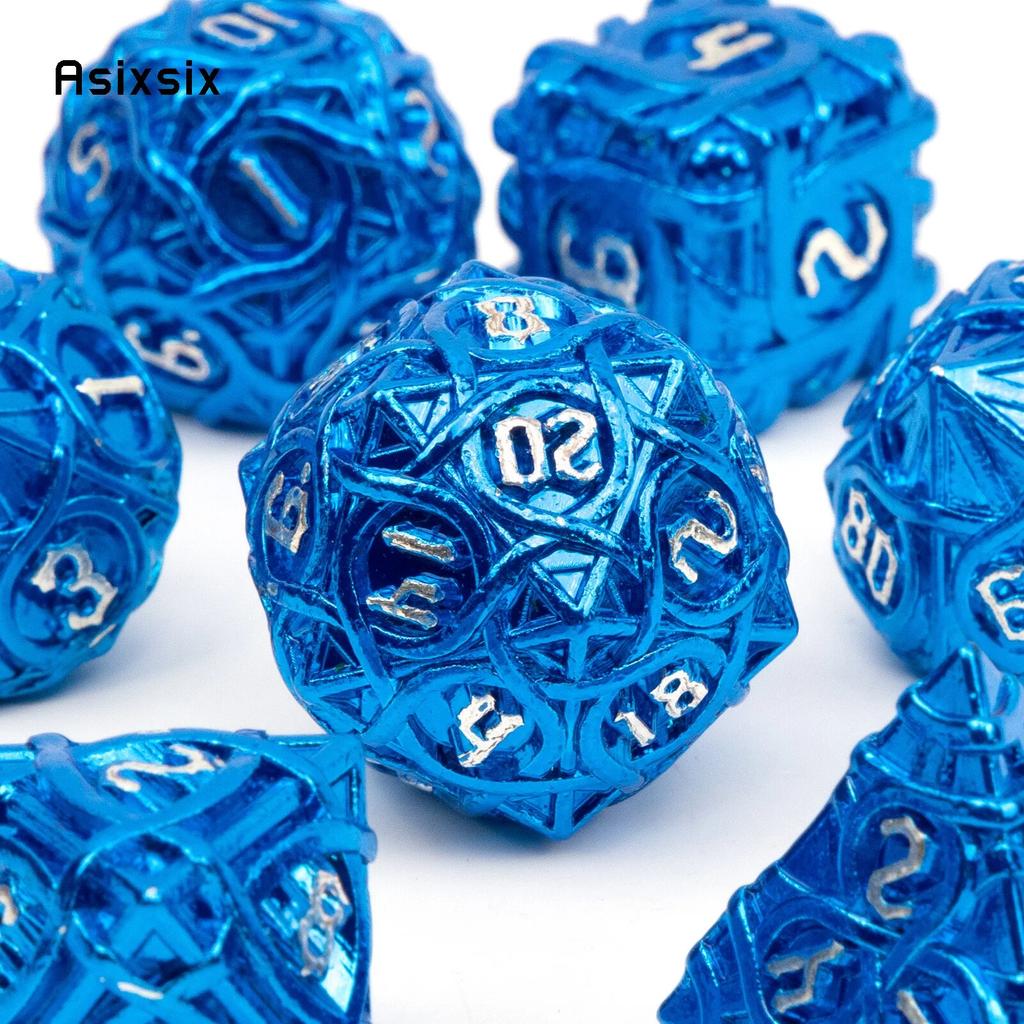 7 Pcs Blue White Stripe Metal Dice Solid Metal Polyhedral Dice Set Suitable for Role-Playing RPG  Board Game Card Game