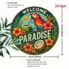 Welcome To Paradise Vintage Teal Metal Sign with Red Macaw and Tropical Flowers Decor