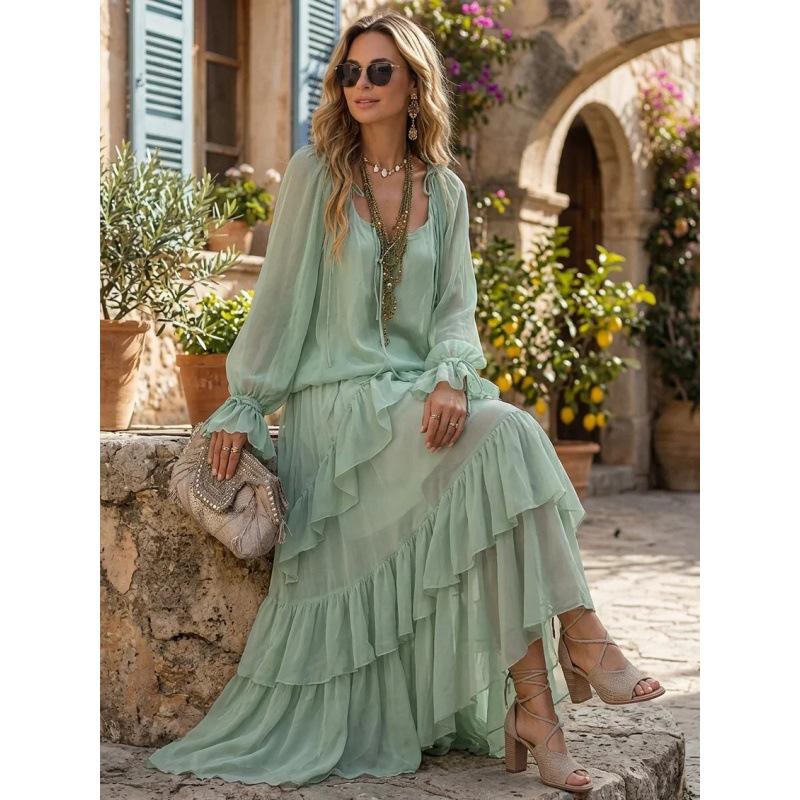Bohemian Minzgrüner Chiffon Sonnenschutz-Strickjacke Träger Mehrlagiger Rüschenrand Urlaubs-Kleid mit großem Schwing-Rock Set