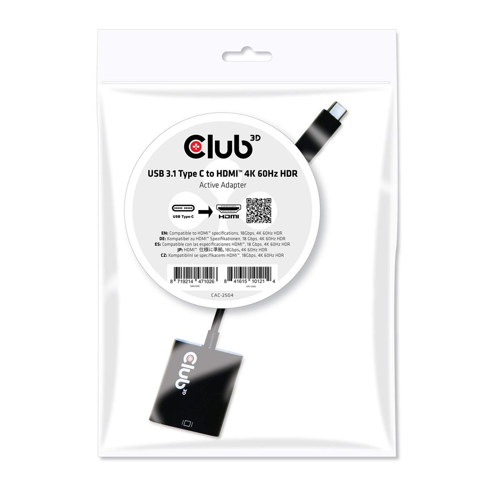 Club3D USB 3.1 Type C to HDMI 2.0b HDR (High Dynamic Range) 4K 60Hz Active Adapter (CAC-2504)