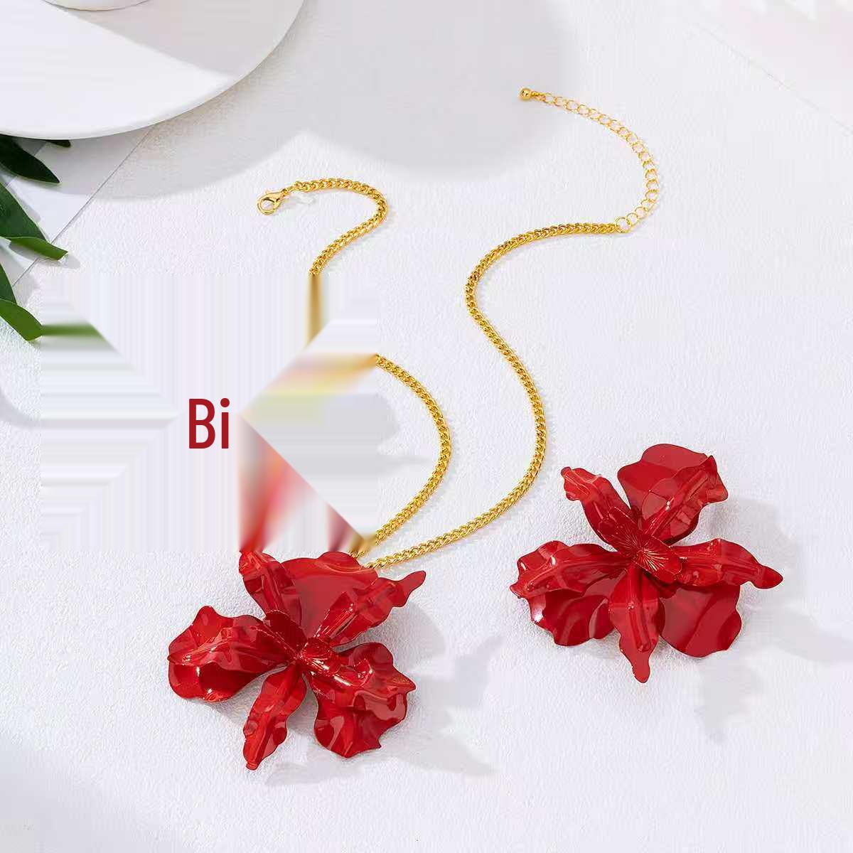 Европейский и американский 3-предметный цветочный набор украшений: Колье и Серьги для Праздников и Банкетов красный