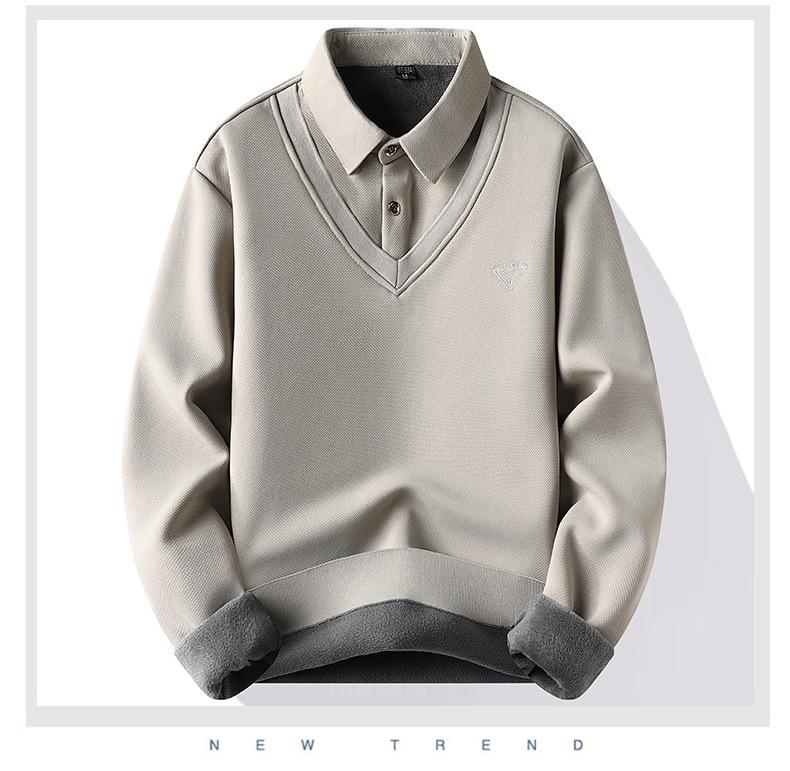 Men's Fleece-Lined Two-Piece Look Warm Sweater with Shirt Collar
