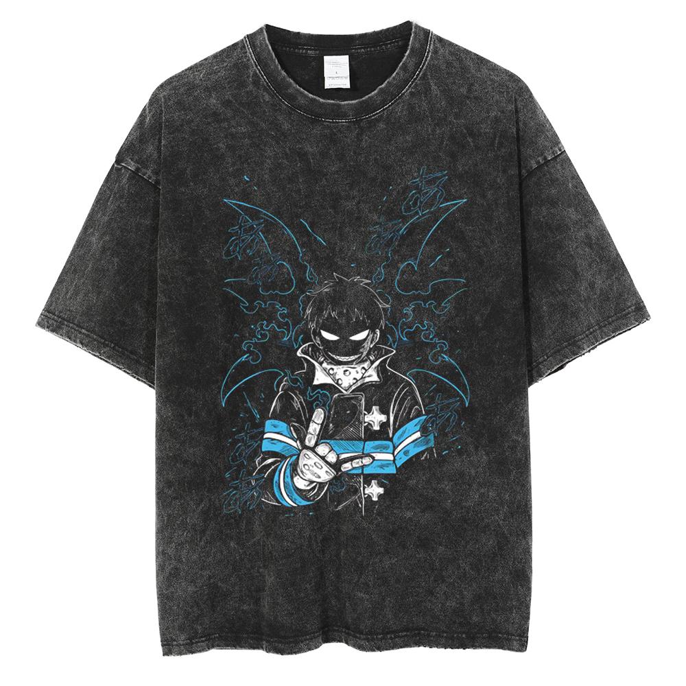 Fire Force Manga T Shirt Shinra Kusakabe Print Tshirt Vintage Washed Streetwear Men Women Clothes Cotton Soft Loose Tee Shirt