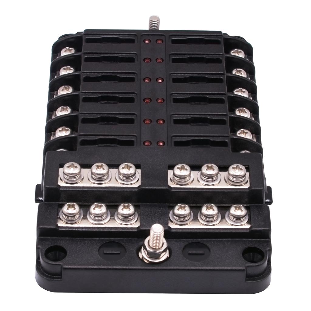 Blocco fusibili per barca marina a 12 Volt, Impermeabile a 12 vie con barra collettrice negativa di terra a 12 vie [100 Amp Max] [Fusibili ATC/ATO] [Indicatore LED] per Auto RV Camion Ecc.