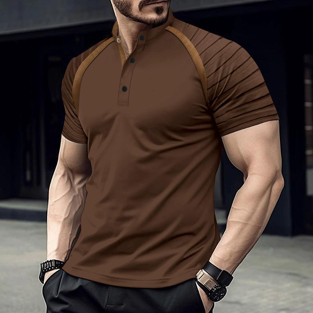 Summer Solid Color Short-sleeved Patchwork Casual Vintage Men's Stand-up Collar Polo Shirt
