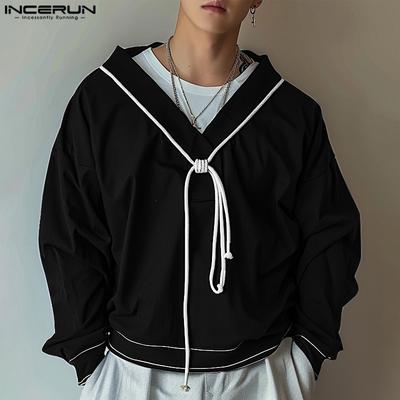 Übergroße Herren-T-Shirts mit V-Ausschnitt, langen Ärmeln und Kordelzug, lässige Oberteile