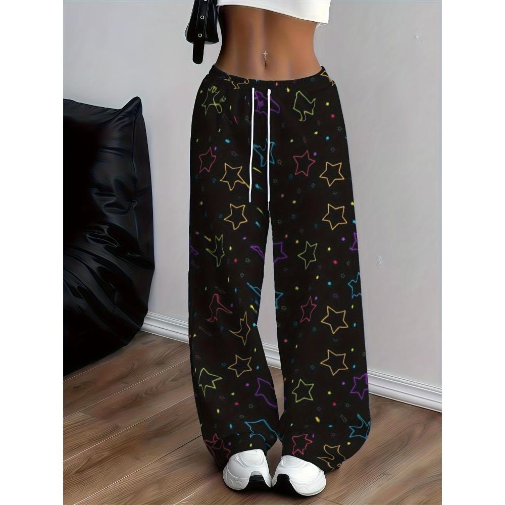 Women's Star Printed Jogging Pants - Loose Straight Pants, Elastic Waist with Drawstring