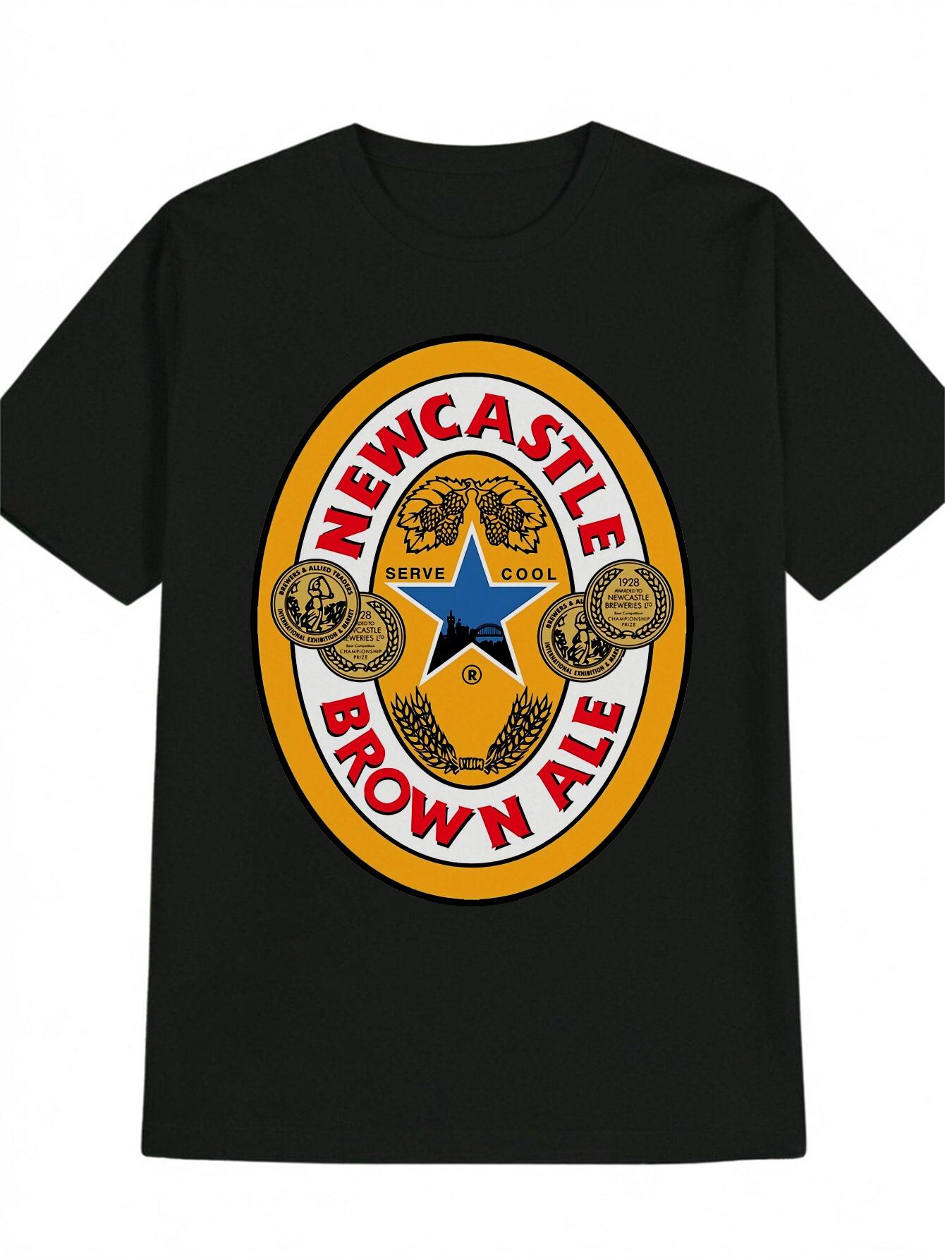 Casual Crew Neck T-shirt with Newcastle Brown Ale Graphic - Blue Star & Beer Mug Design M