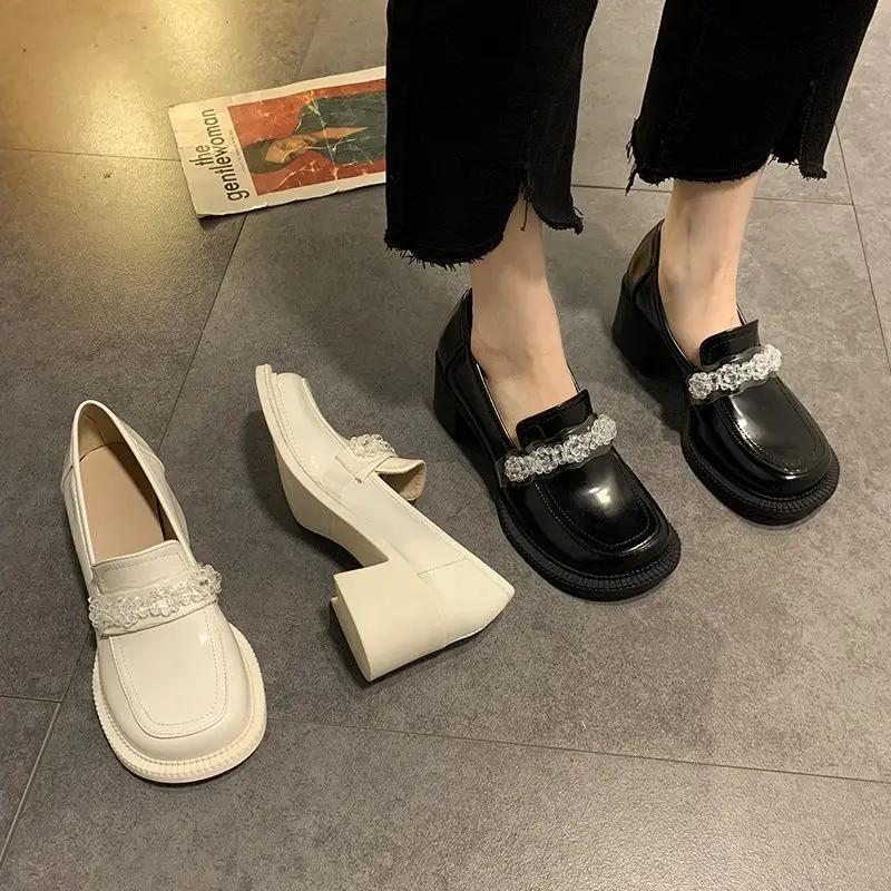 Fashion Block Heel Diamond with Crystals Rhinestone Square Toe Chunky Heels Women's Shoes Loafers on Heeled Ladies Pumps High Chic Point