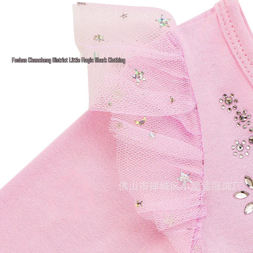 Girls' Dance Dress with Diamond Sequins: Mesh Long Sleeve Slim Fit Bodysuit and Puffy Skirt