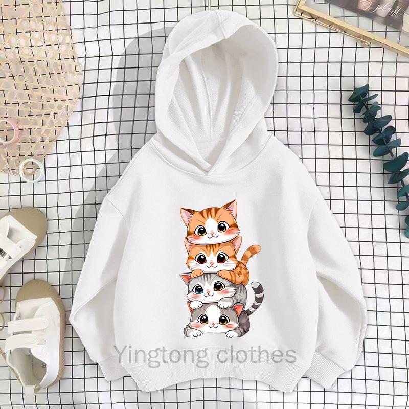 New Unisex Hoodie with Cat Print Long Sleeved Korean Version Children's Top and Stylish Pullover for Children's Clothing