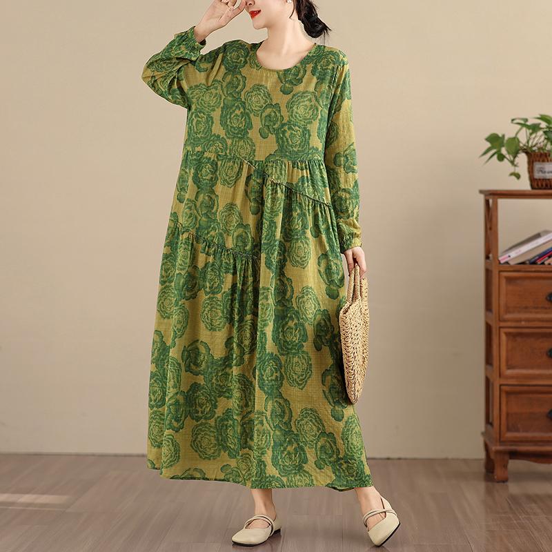 DIMANAF Women Plus Size Spring Summer New 2026 Vintage Long Dress Loose Oversize Long Sleeve Maxi Floral Print