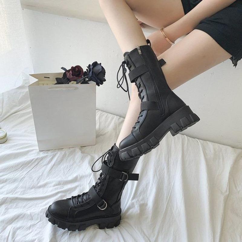 Fashion Round Toe Leather with Laces Mid Calf Shoes Woman Work Chic and Elegant Luxury 2025 Novelty on Offer Half High Boots for Women