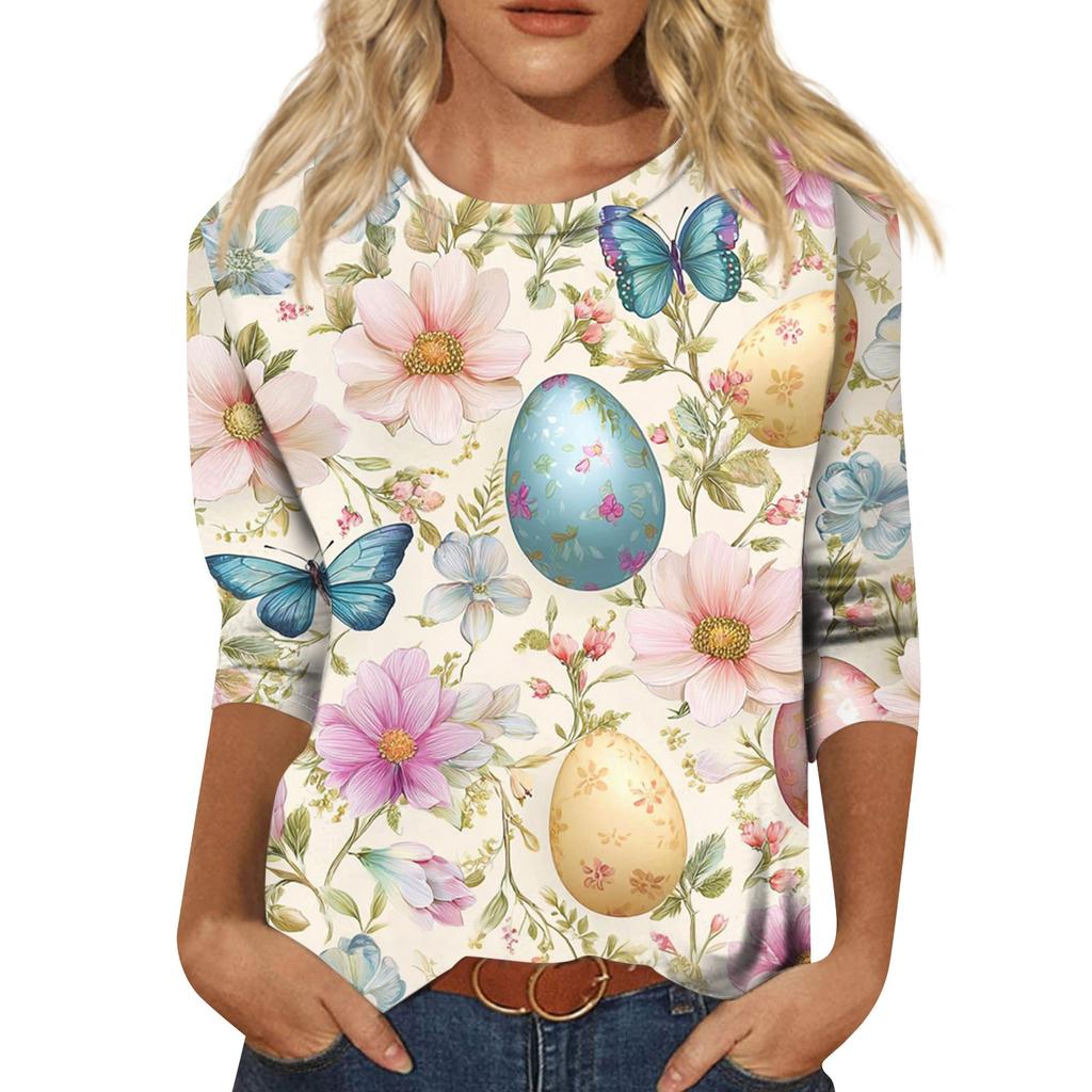 Women's Fashion Casual Sleeve Easter Elements Print Round Neck Top