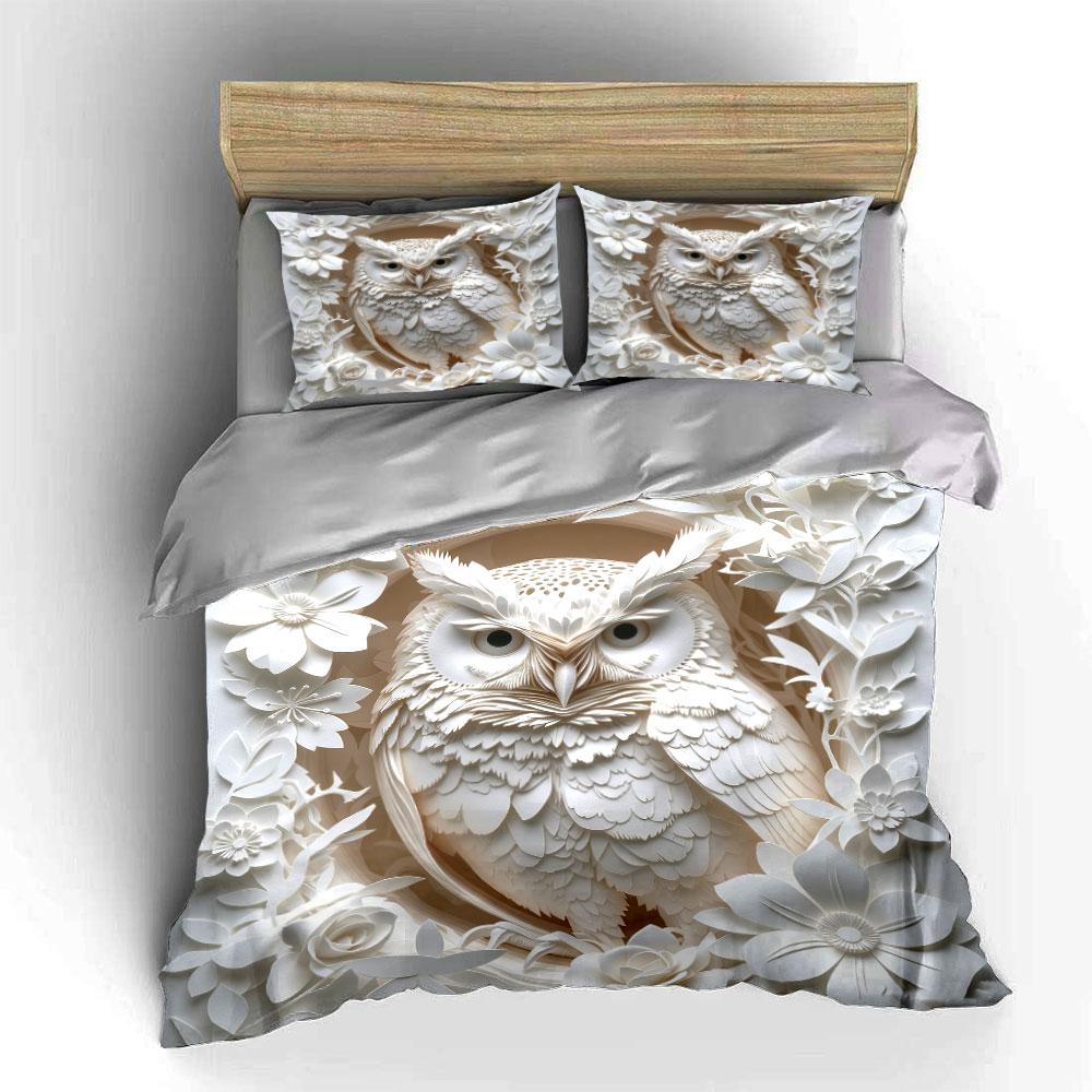 3pc 3D Plane White Owl Print Duvet Cover SetKing Queen Bedding for Bedroom Guest RoomBirthday Gift(1Duvet Cover+2 Pillowcases)