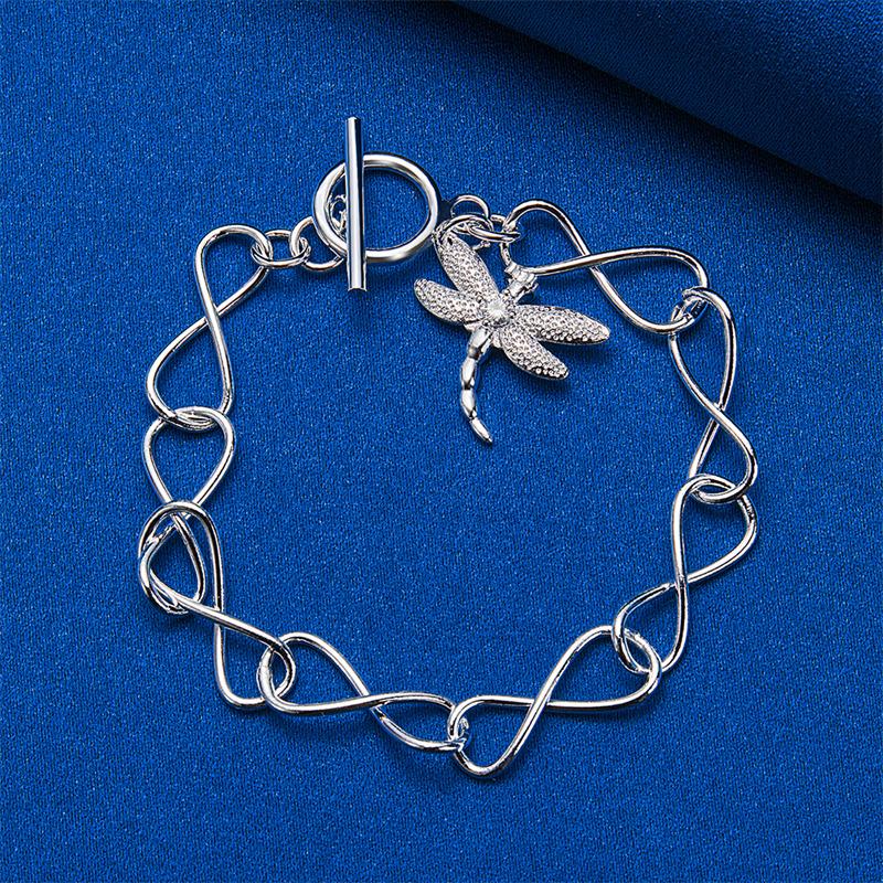 925 Sterling Silver 8-inch Exquisite Dragonfly Bracelet, Fashionable Women's Party Wedding Accessories Jewelry