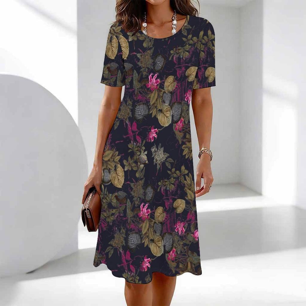 Women's Fashion Graceful Beautiful Maple Leaves and Flowers Colorful Flowers and Small Grass Print Summer Spring Short Sleeve O-Neck Casual Dresses