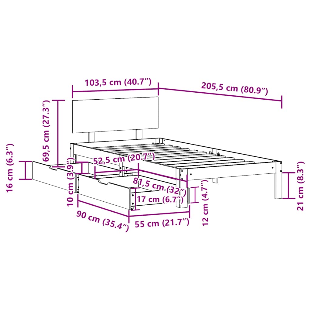 Solid Wood Bed with Drawers White 100x200 cm Pine