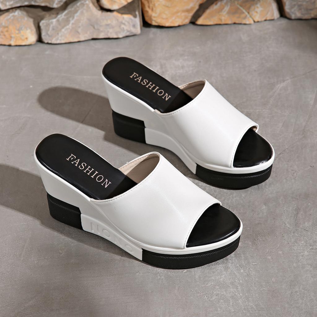 Foreign Trade Large-size Wedge Heel Fish Mouth Sandals 2025 Summer New Thick-soled Heightened One-word Beach Women's Shoes