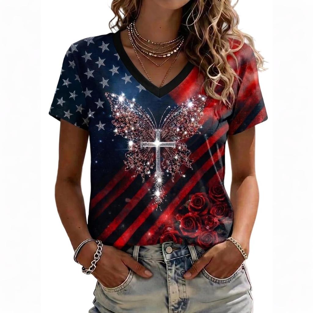 Women’s Casual V Neck Short Sleeve Pullover T Shirt with Independence Day Inspired Print and Floral Pattern for Summer Wear