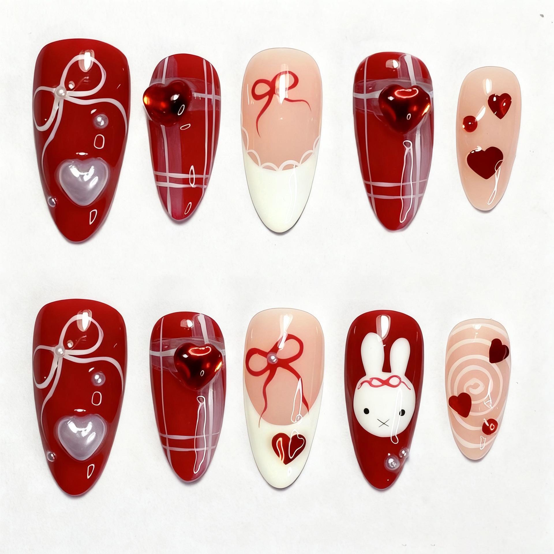

30-Piece Handmade Valentine s Heart & Pearl Rabbit False Nails Set Finished Strips (Three Sets, Full Rhinestones)