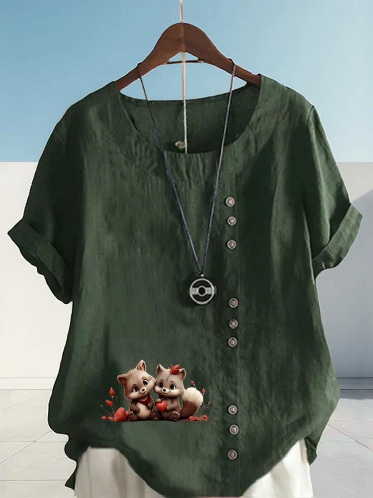 Women's Fashion Couple Bear Print Round Neck Short Sleeve T-shirt Summer Casual Cotton Linen Graphic Shirt Leisure Loose Blouse Tops