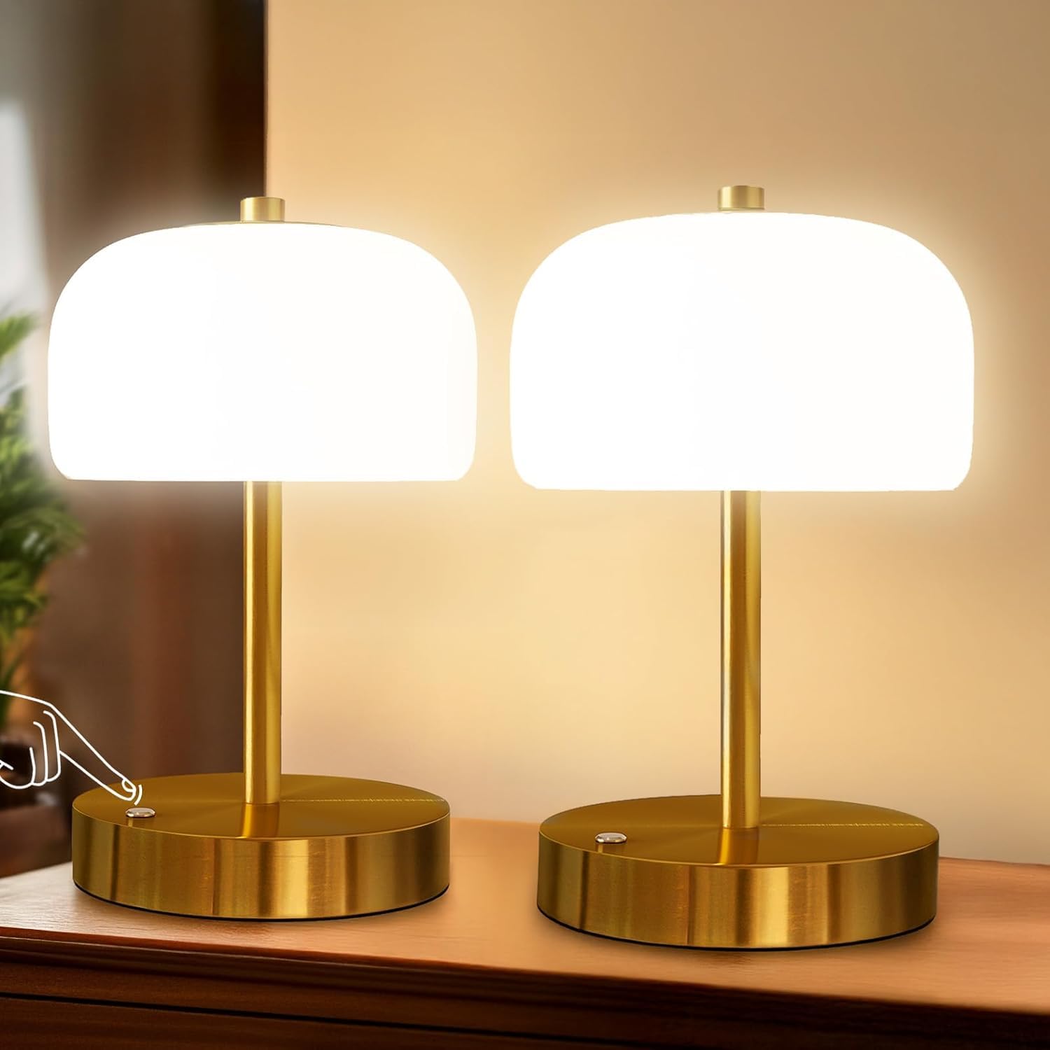 

Gormena Table Lamp, Gold Glass Shade, 3 Color Modes, Stepless Dimming, Cordless, Touch Control, USB Rechargeable, Japanese Style, Bedside Lamp,