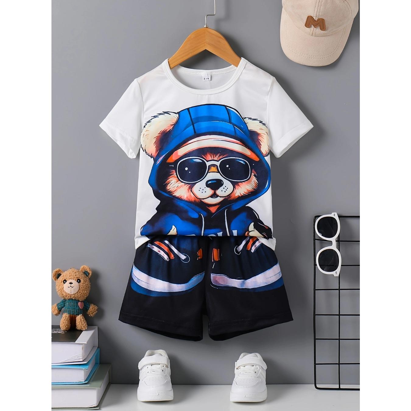 

boy s summer round neck pullover cartoon bear print short sleeved shorts set for children s clothing 13-14Y