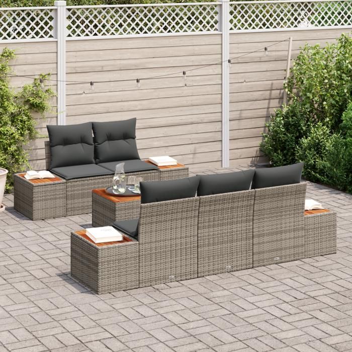 VidaXL Ensemble de canapé de jardin 6 pièces avec coussins gris poly rotin acacia 3348025