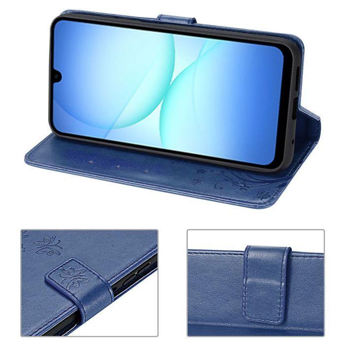 Coque de Protection - BOOLING - Samsung Galaxy A17 4G/5G - Cuir PU Bleu Marine Floral - 2 Vitres