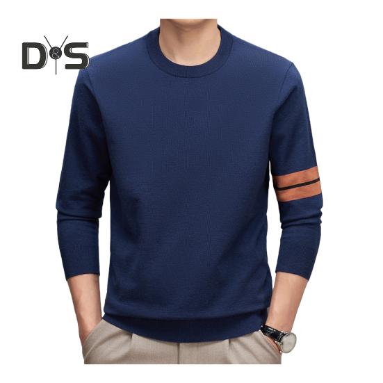 Męski sweter na jesień i zimę z elastycznymi mankietami i obszyciem, okrągłym dekoltem, pogrubiony, utrzymujący ciepło, jednokolorowy, długie rękawy, średniej długości góra