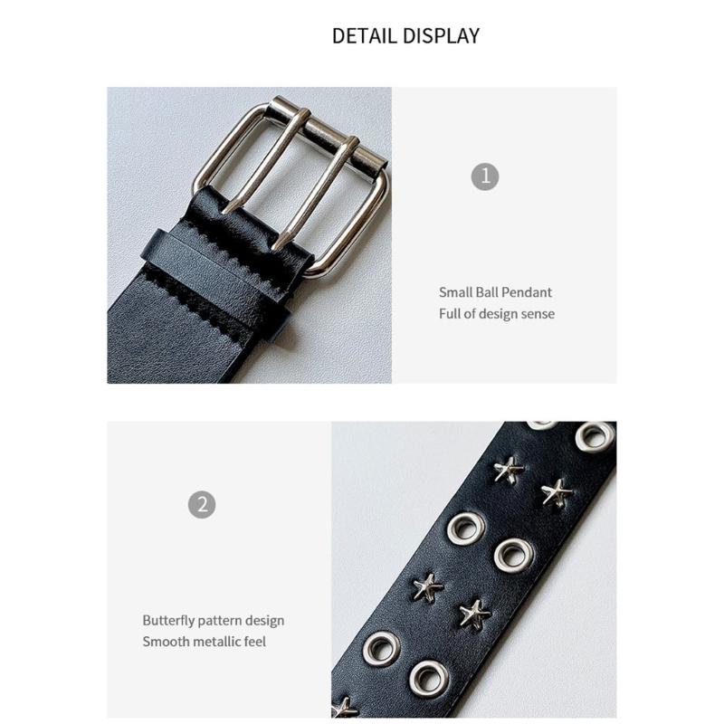 PU Leather Punk Waist Belt with Star Rivets And Double Buckles Holes For Daily Wear and Theme Occasion Dressingup Props