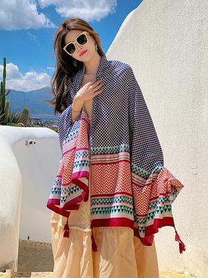 Summer Elegant Women Silk Scarf Beach Wrap Shawls Vintage Plaid Print Lady Sunscreen Bandana Long Hijab Mujer Boho Scarve Pareo