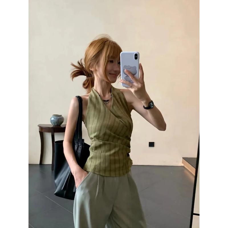 Retro Plaid Halter Summer New Backless Sleeveless V-neck Hot Girl Tops and Vests for Women