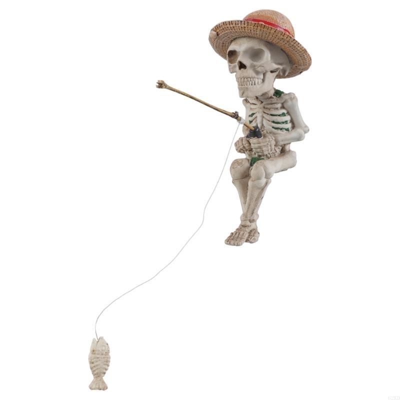 

62KD Resins Miniature Fishing Skeleton Figurine for Garden Pond Pool Halloween Decors CHINA