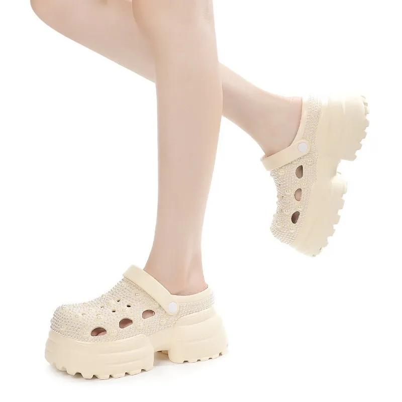 Fashion New Handmade Inlaid Pearl Thick Sole Middle Heel EVA Sandals  White Black Fashionable Women's Pearl Hollowed Out Beach Slippers