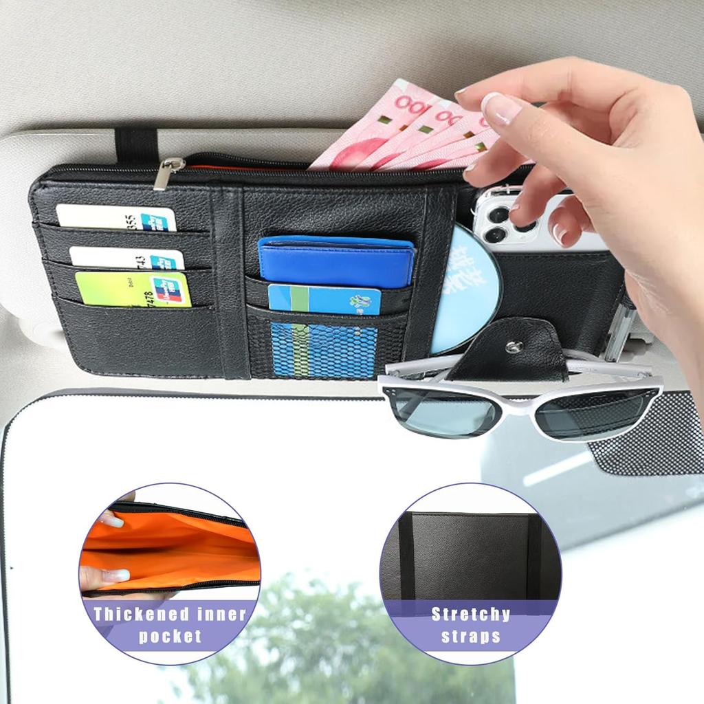 Augeny Car Sun Visor Organizer, Leather Multi-Pocket Auto Visor Storage Pocket Pouch Holder with Zipper, Vehicle Interior Accessories for Car Truck