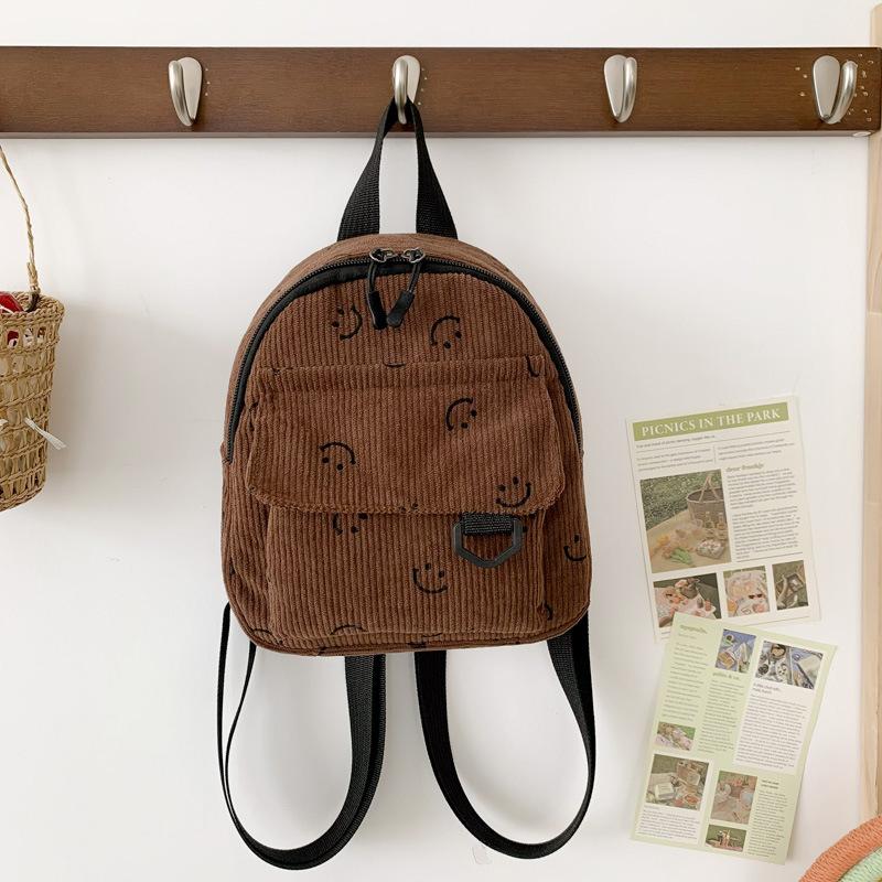 

Милый мини-рюкзак с принтом милого смайлика, милый универсальный вельветовый однотонный студенческий рюкзак коричневый